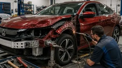Car being repaired at auto repair shop after colliion in minneapolis